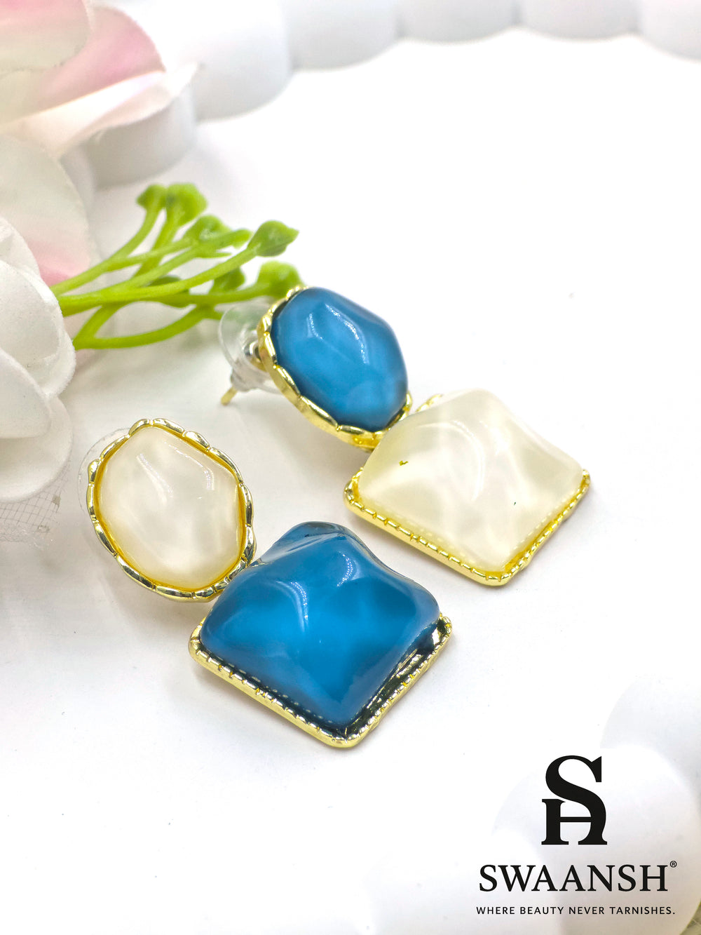 Dual-tone glazed stud earrings with ocean blue and pearl white design – Swaansh modern fashion accessory