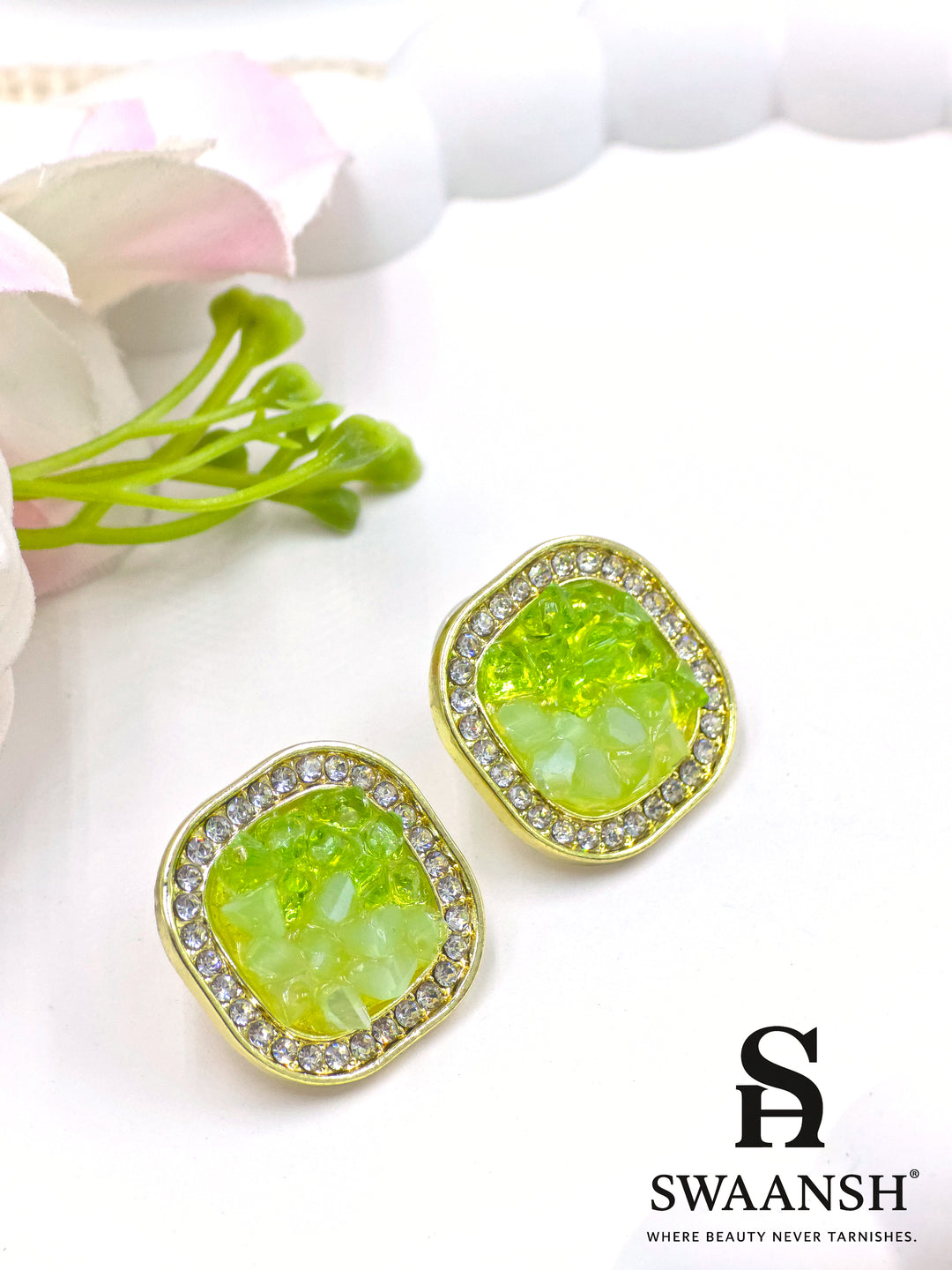 Neon green dual-tone crystal effect stud earrings with crystal border – Swaansh designer fashion earrings