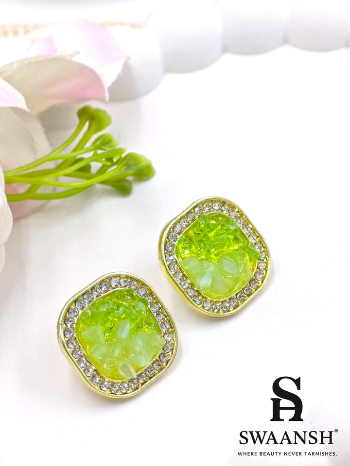 Neon green dual-tone crystal effect stud earrings with crystal border – Swaansh designer fashion earrings