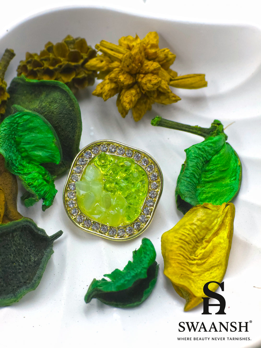 Neon green dual-tone crystal effect stud earrings with crystal border – Swaansh designer fashion earrings