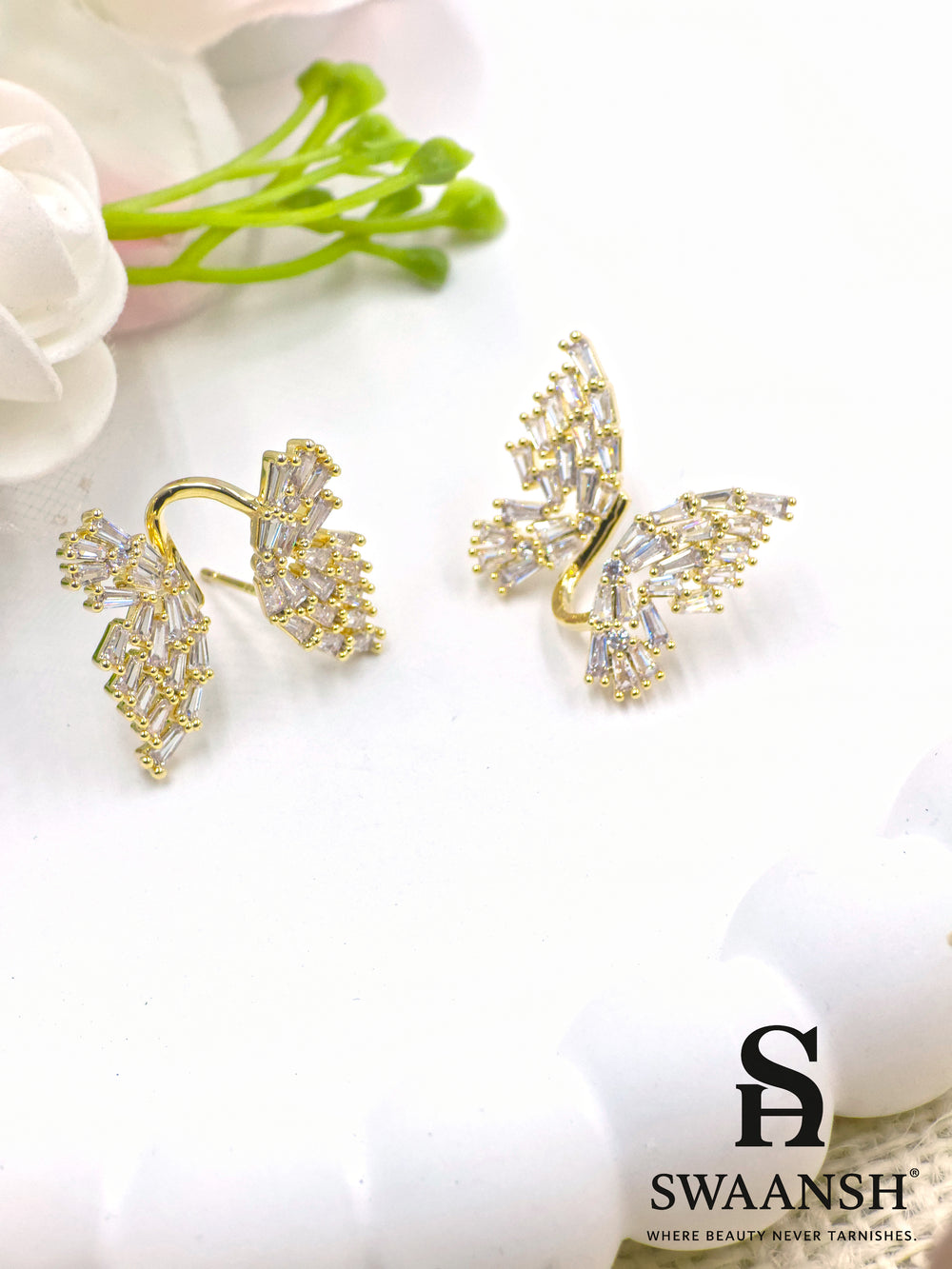 Gold ear crawler earrings with baguette-cut crystals in wing shape – Swaansh statement anti-tarnish cuffs