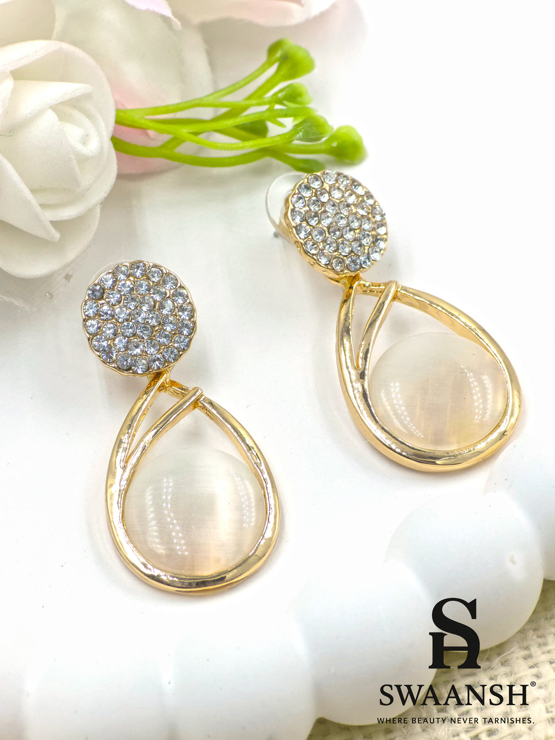 Gold teardrop dangler earrings with moonstone-inspired stone and crystal-studded round top – Swaansh premium jewellery
