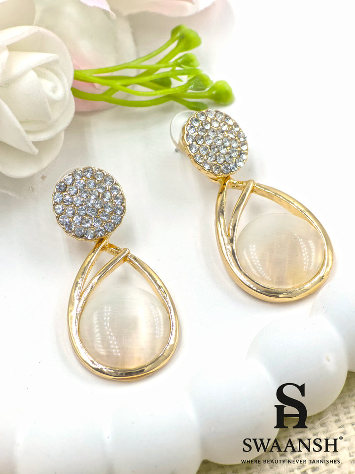 Gold teardrop dangler earrings with moonstone-inspired stone and crystal-studded round top – Swaansh premium jewellery