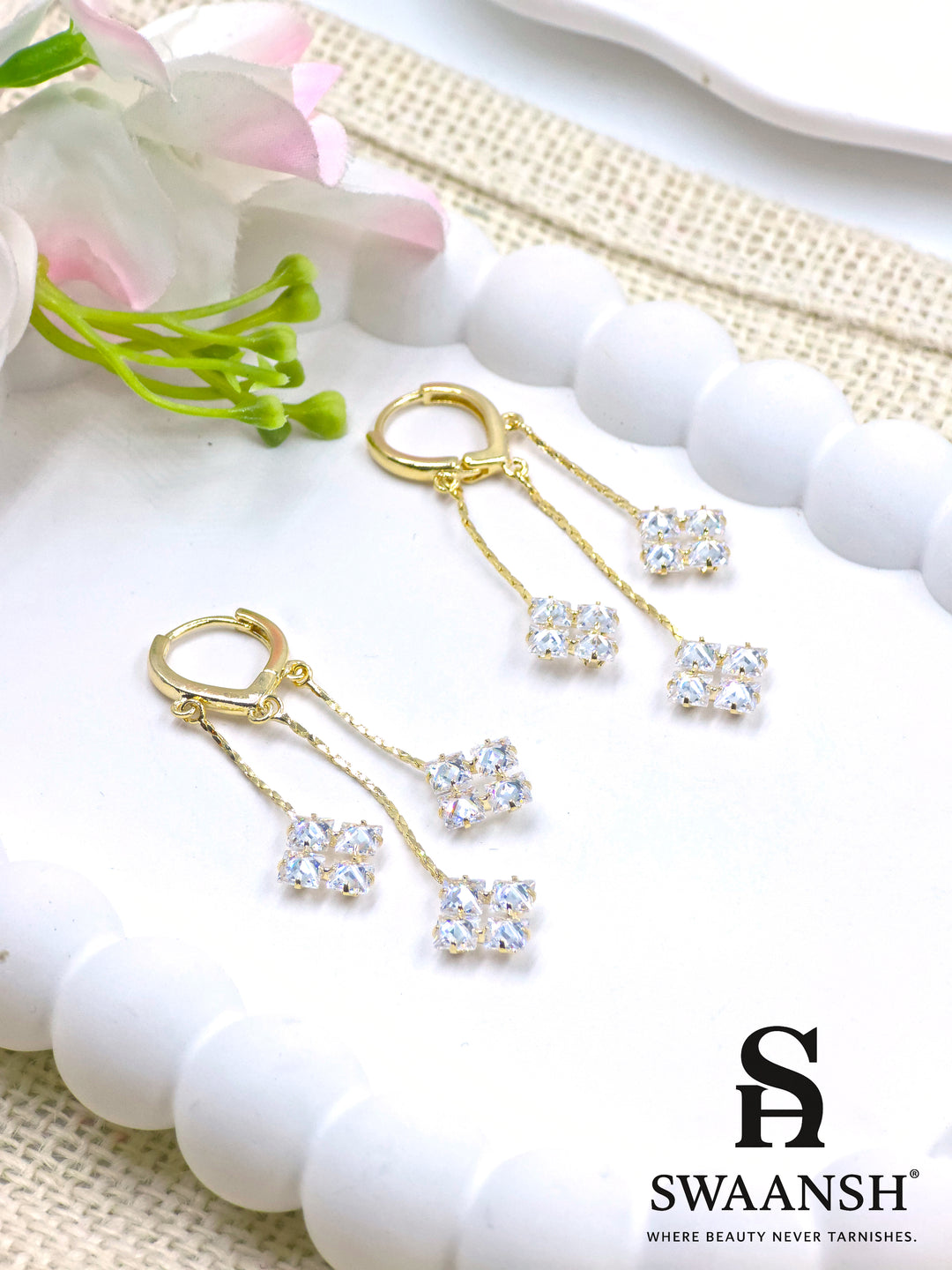 Twin crystal drop earrings with dual gold chains and square stone clusters – Swaansh