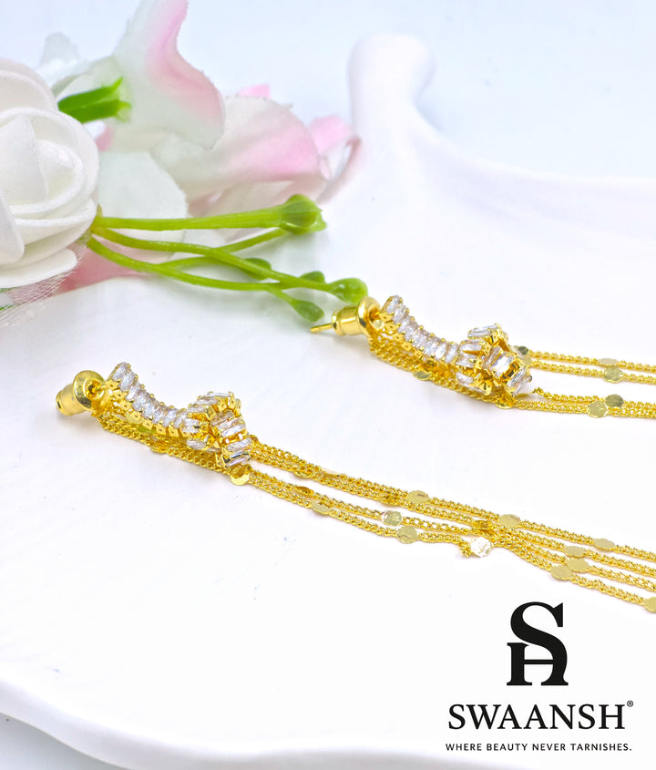 Long gold tassel earrings with baguette-cut crystals and disc chains – Swaansh