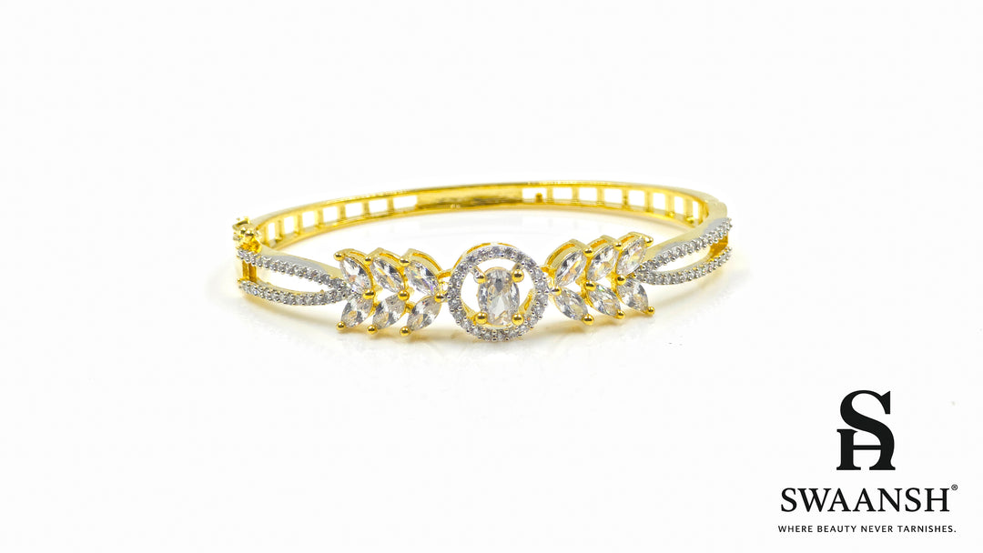 Golden bracelet with floral marquise stones and a crystal-studded halo centerpiece – Swaansh