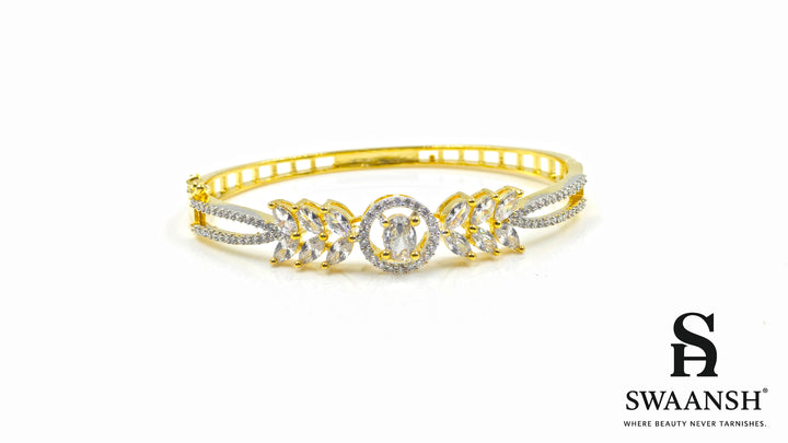 Golden bracelet with floral marquise stones and a crystal-studded halo centerpiece – Swaansh