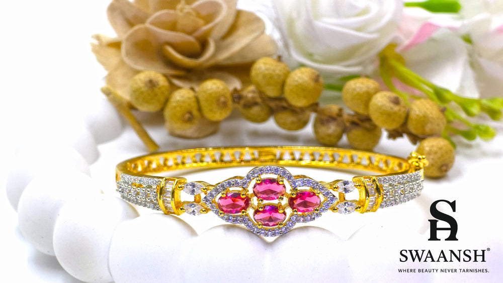 Gold bracelet with four ruby-pink oval stones in a floral cluster design – BPR120 by Swaansh