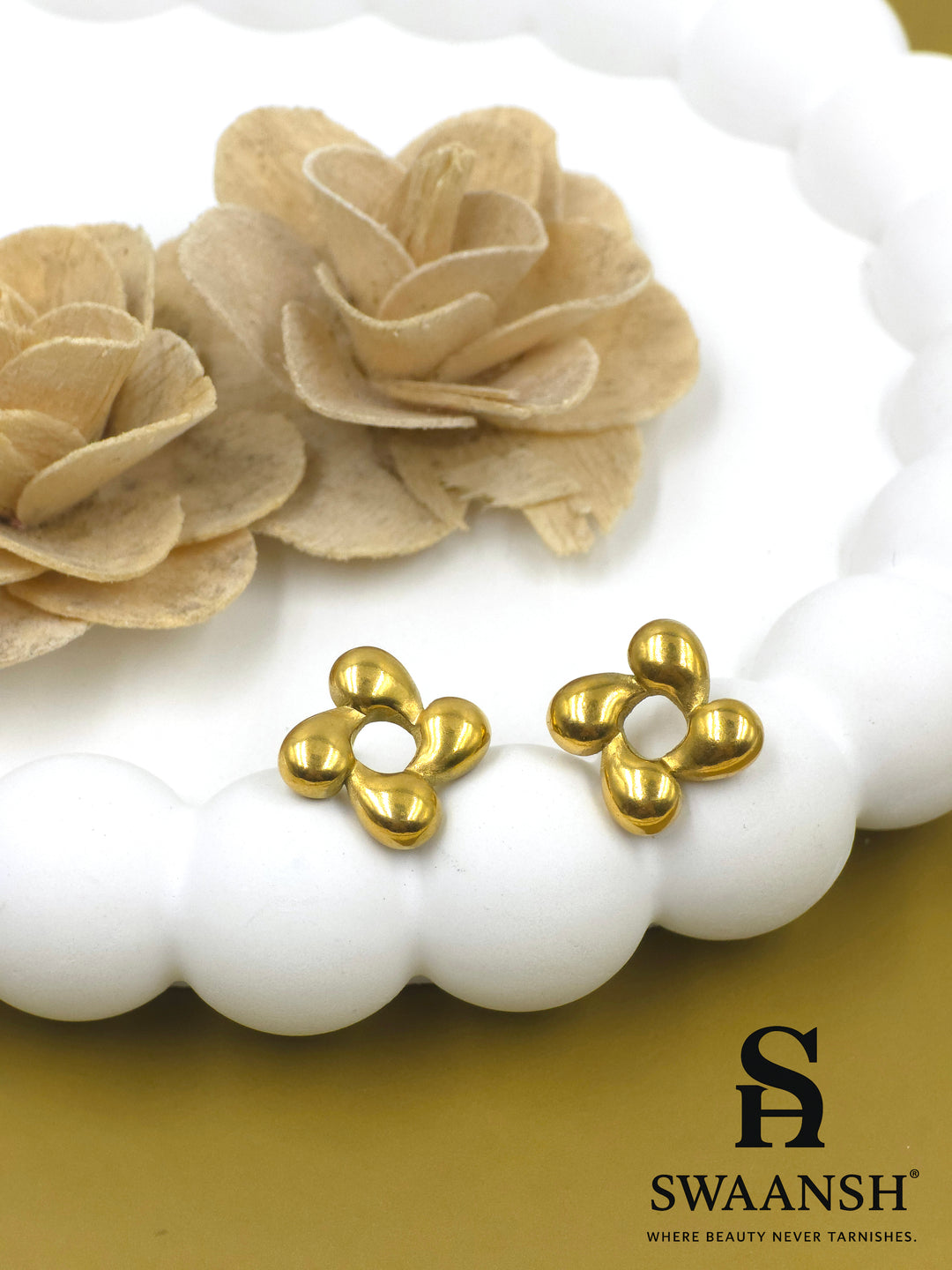 Bloom Bold gold stud earrings by Swaansh featuring soft sculpted floral design in matte anti-tarnish finish