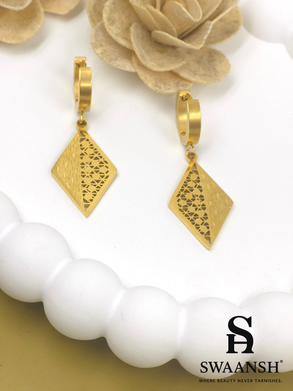 Golden Mirage diamond-cut gold drop earrings by Swaansh with matte-finish hoops and geometric lattice design