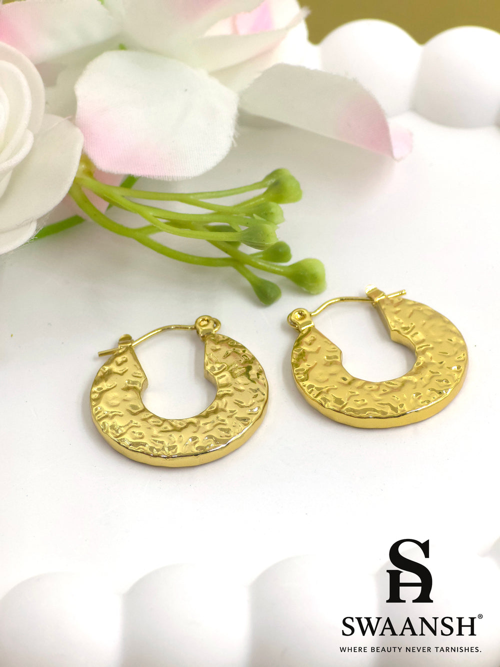 Molten Moon hammered hoop earrings in gold finish by Swaansh – lightweight, textured, skin-friendly hoops for daily or occasion wear