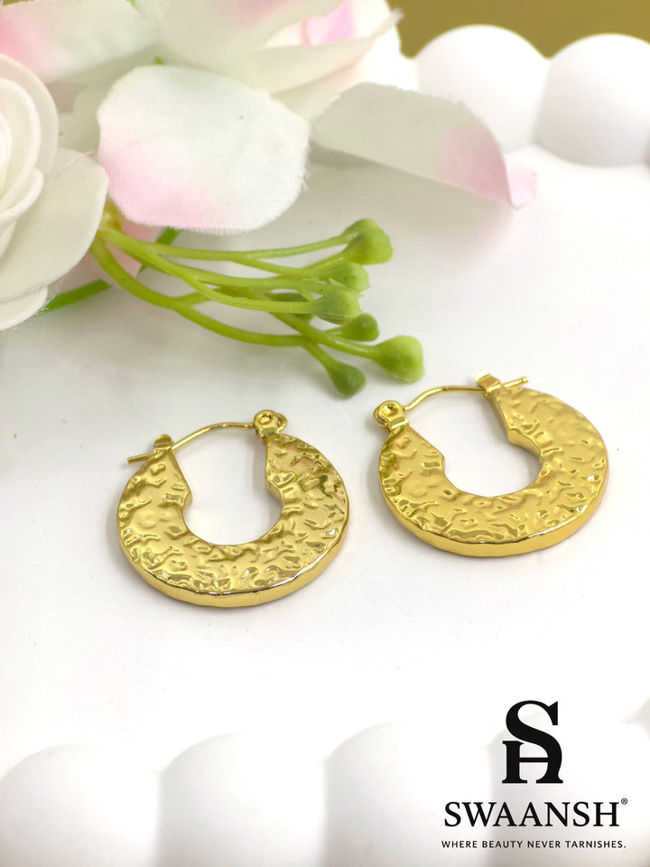 Molten Moon hammered hoop earrings in gold finish by Swaansh – lightweight, textured, skin-friendly hoops for daily or occasion wear