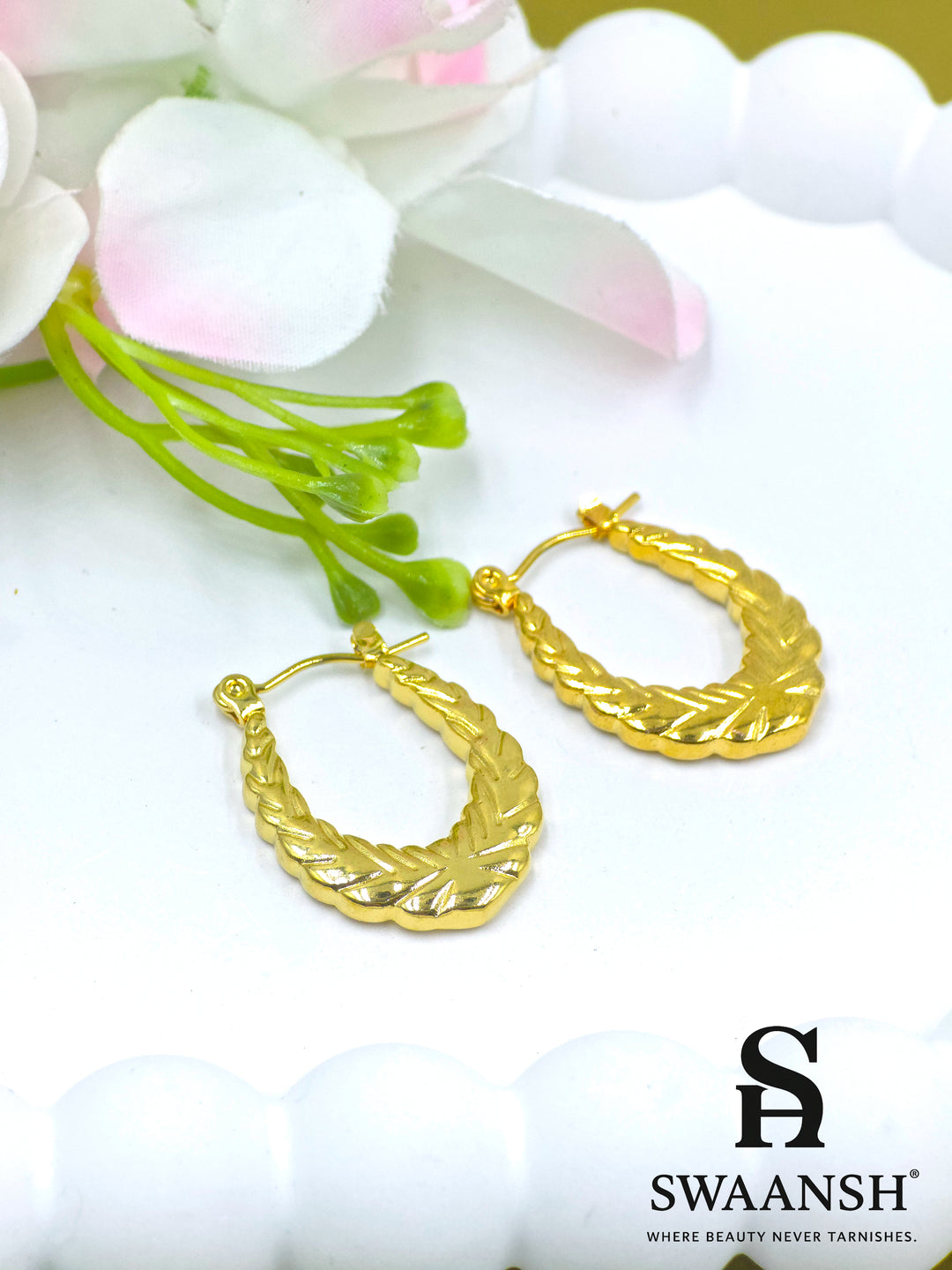 Leaf Weave gold hoop earrings with braided embossed texture by Swaansh – anti-tarnish, skin-friendly, suitable for festive and daily wear