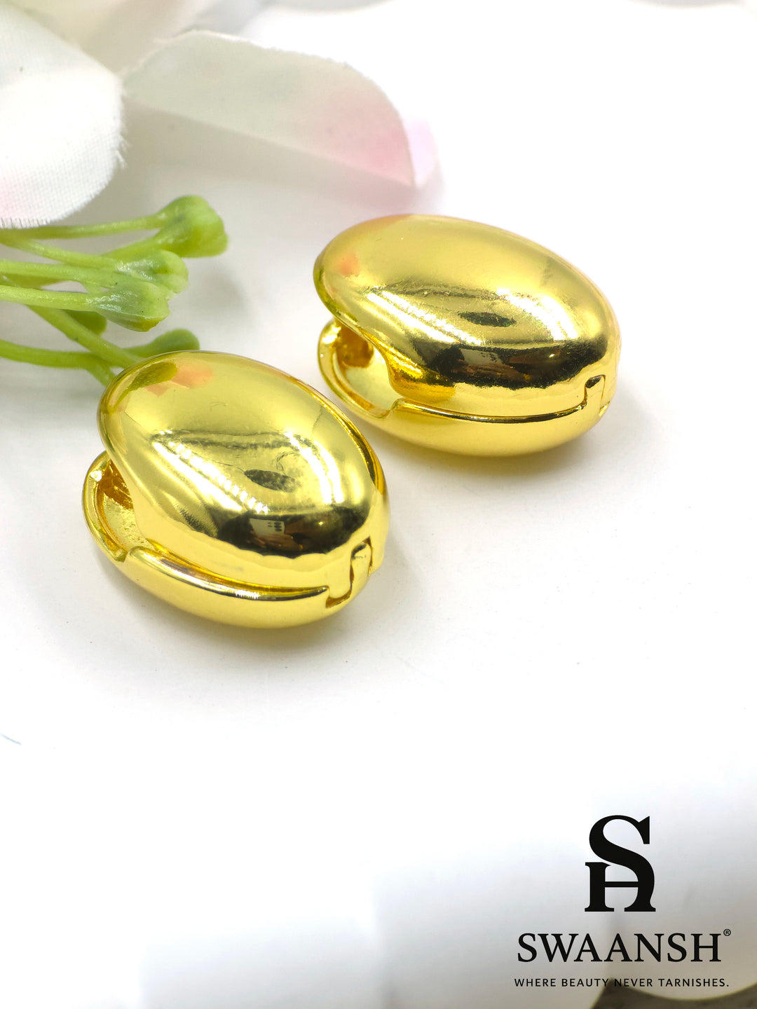 Glossy dome-shaped clip-on earrings in gold by Swaansh – anti-tarnish, skin-friendly non-pierced earrings