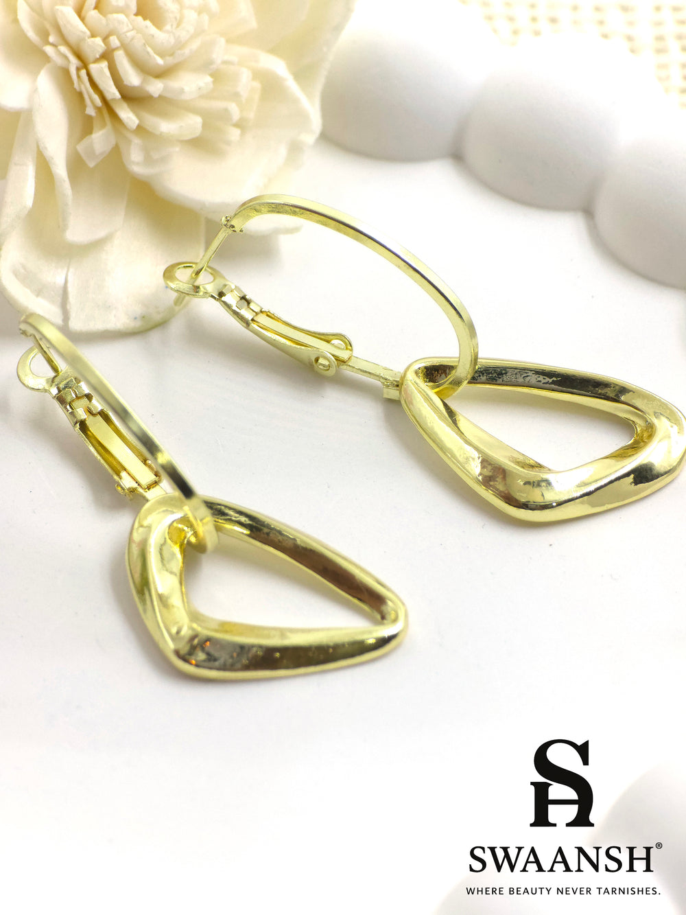 Gold abstract triangle drop earrings with hoop clasp – minimalist anti-tarnish design by Swaansh