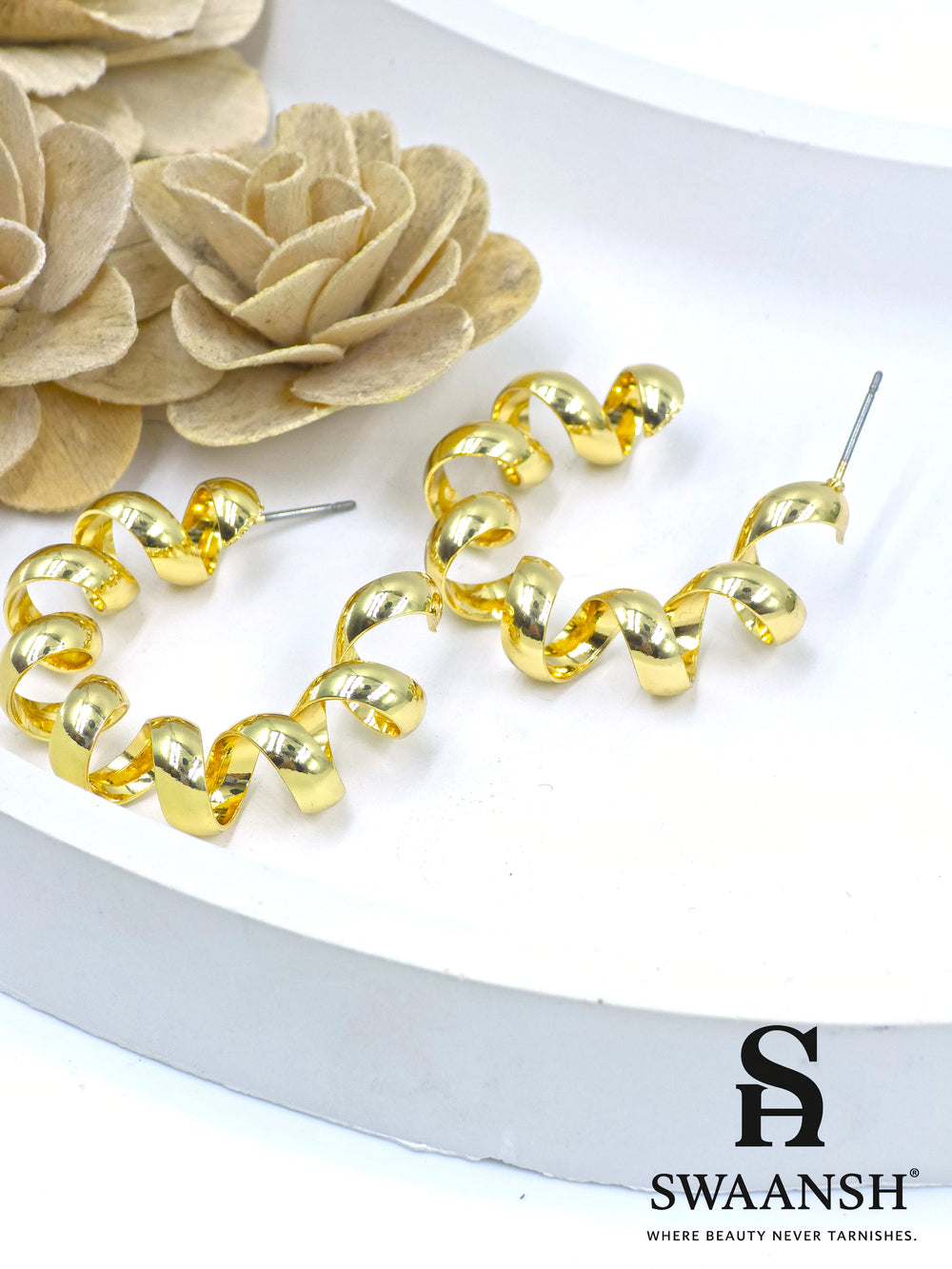 Gold spiral curl hoop earrings with glossy anti-tarnish finish – Swaansh jewellery design