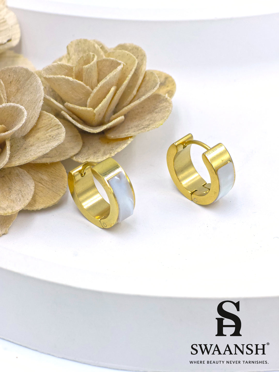 Small gold hoop earrings with white pearl-effect inlay on a white background – Swaansh jewellery