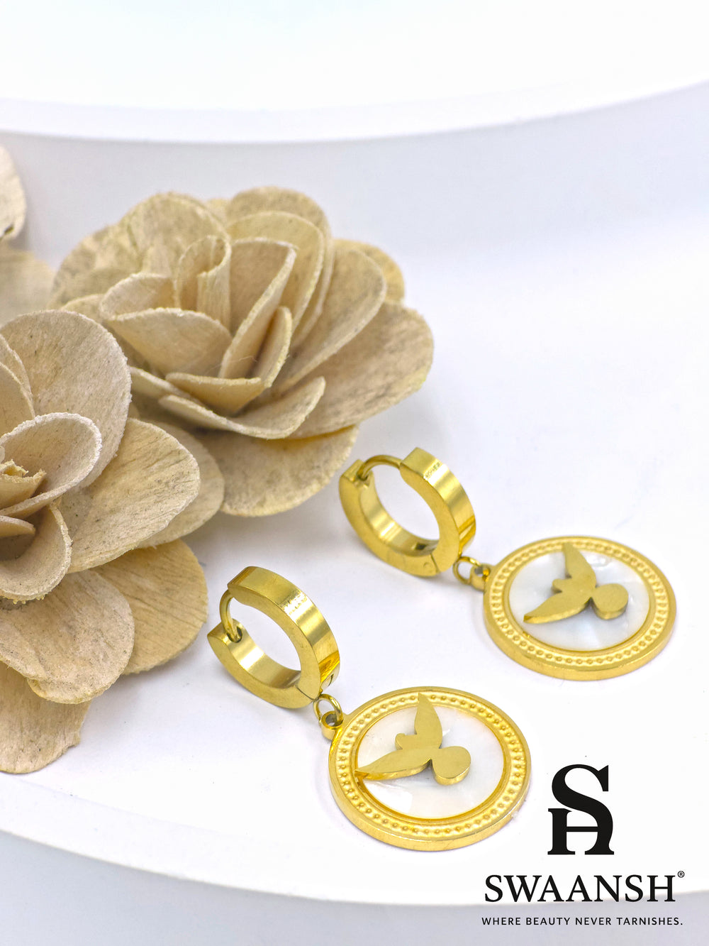 Gold hoop earrings with circular dove medallion charm and pearl inlay – Celestial Flight Drop Hoops by Swaansh