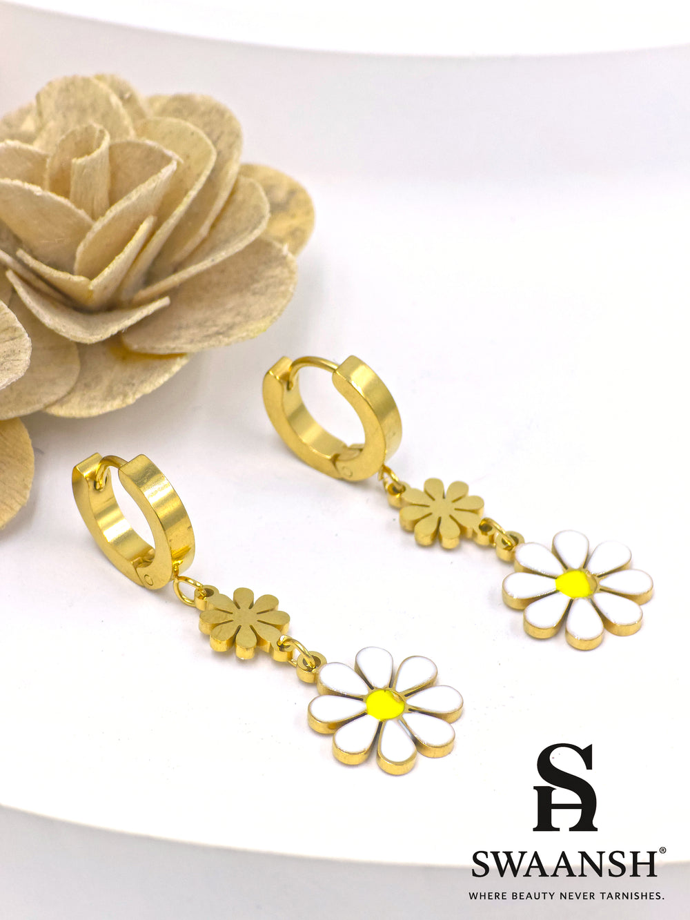 Gold hoop earrings with white and yellow enamel daisy charm – Sunny Daze Daisy Drop Earrings by Swaansh