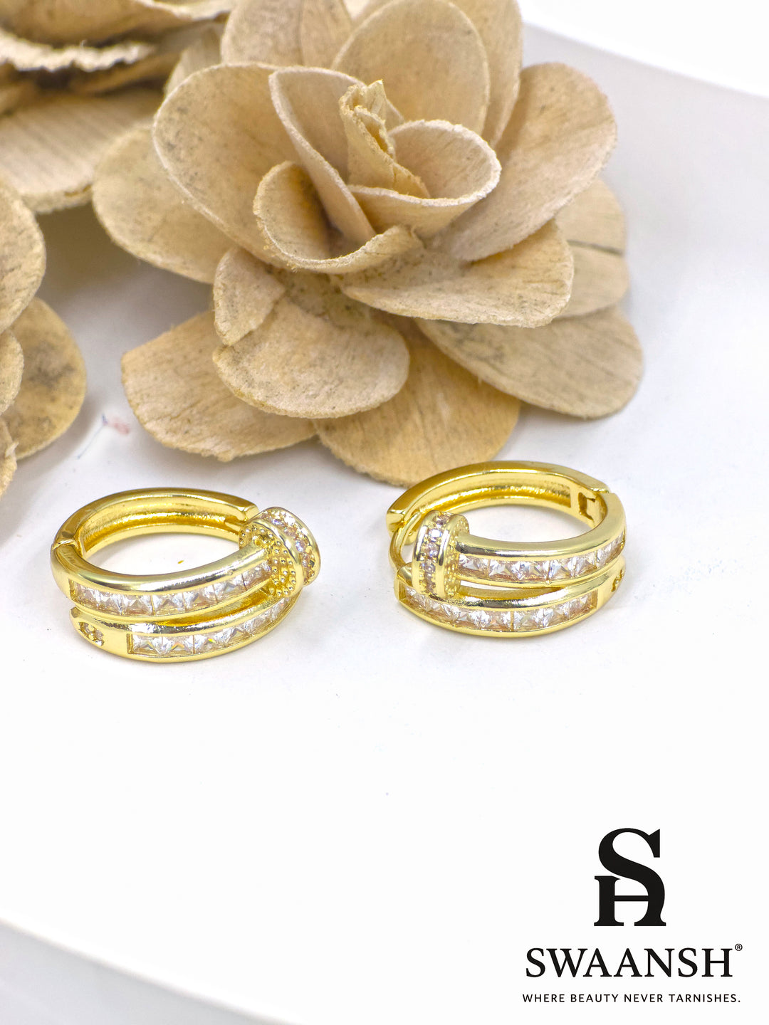Dual-layer gold hoop earrings with princess-cut and round crystal inlays – Swaansh