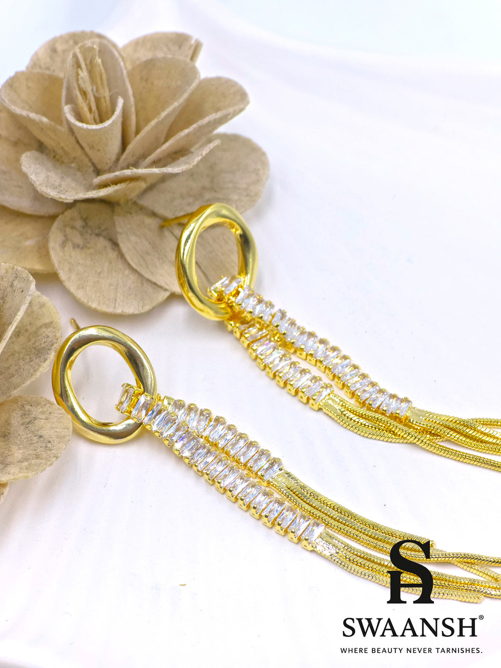 Luxury gold long earrings with baguette stones and chain tassels – Swaansh
