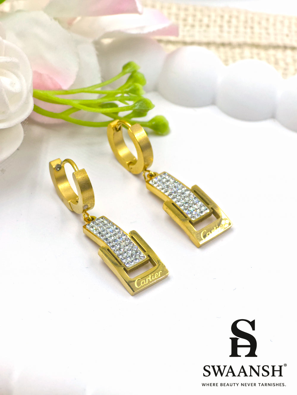 Gold hoop earrings with CZ-studded buckle charm – Swaansh designer fashion jewellery