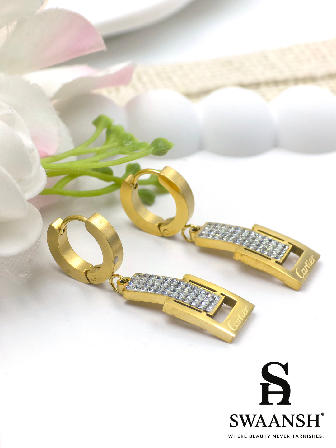 Gold hoop earrings with CZ-studded buckle charm – Swaansh designer fashion jewellery
