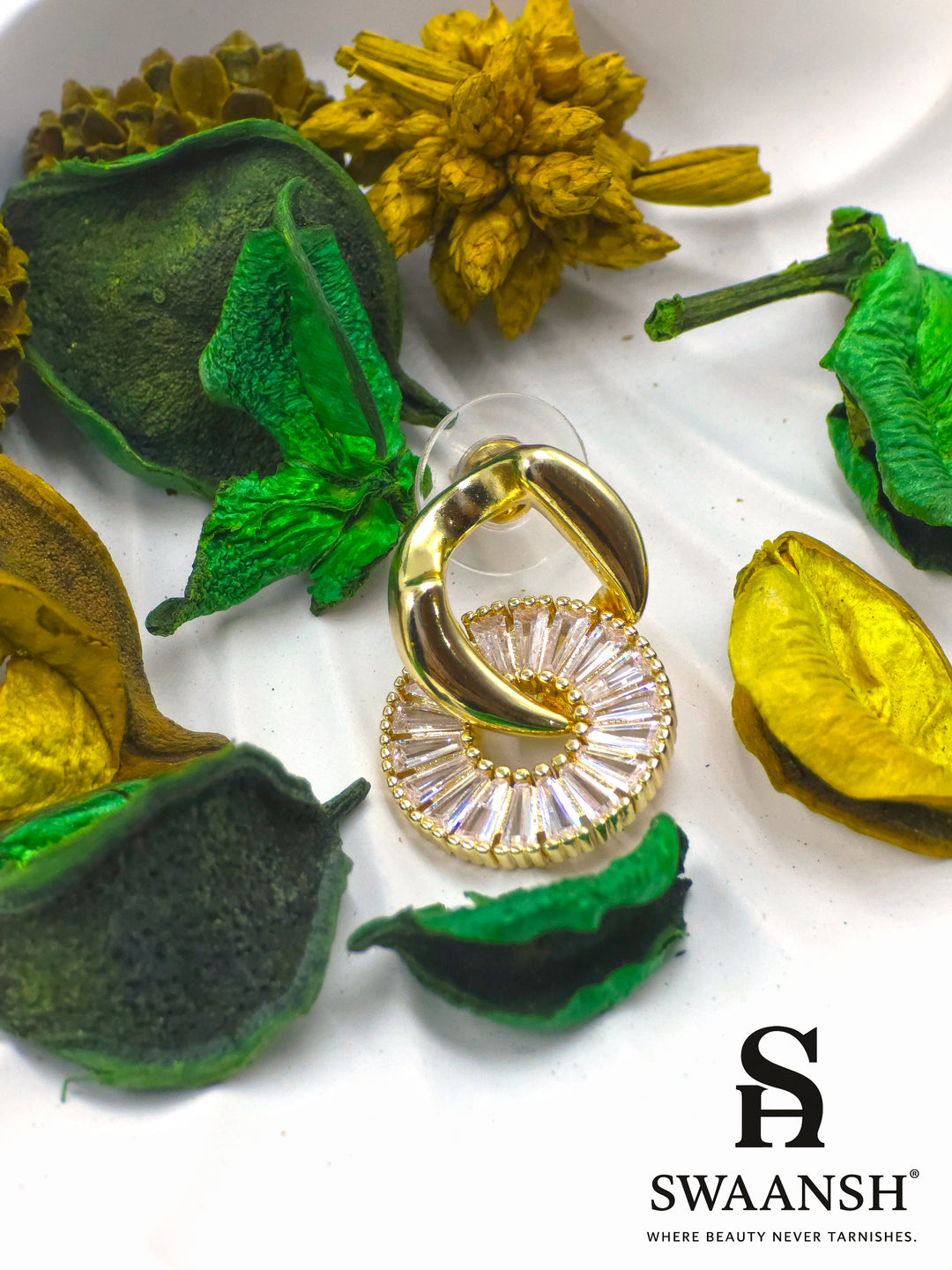 Gold crescent and circular zircon loop stud earrings – Swaansh EMH104 designer anti-tarnish studs