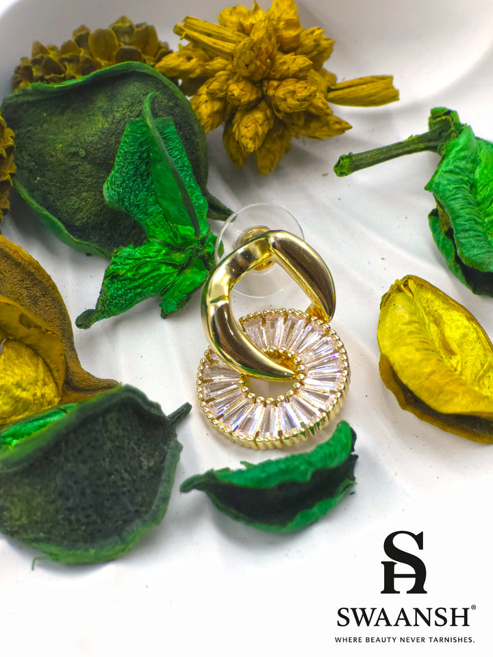 Gold crescent and circular zircon loop stud earrings – Swaansh EMH104 designer anti-tarnish studs
