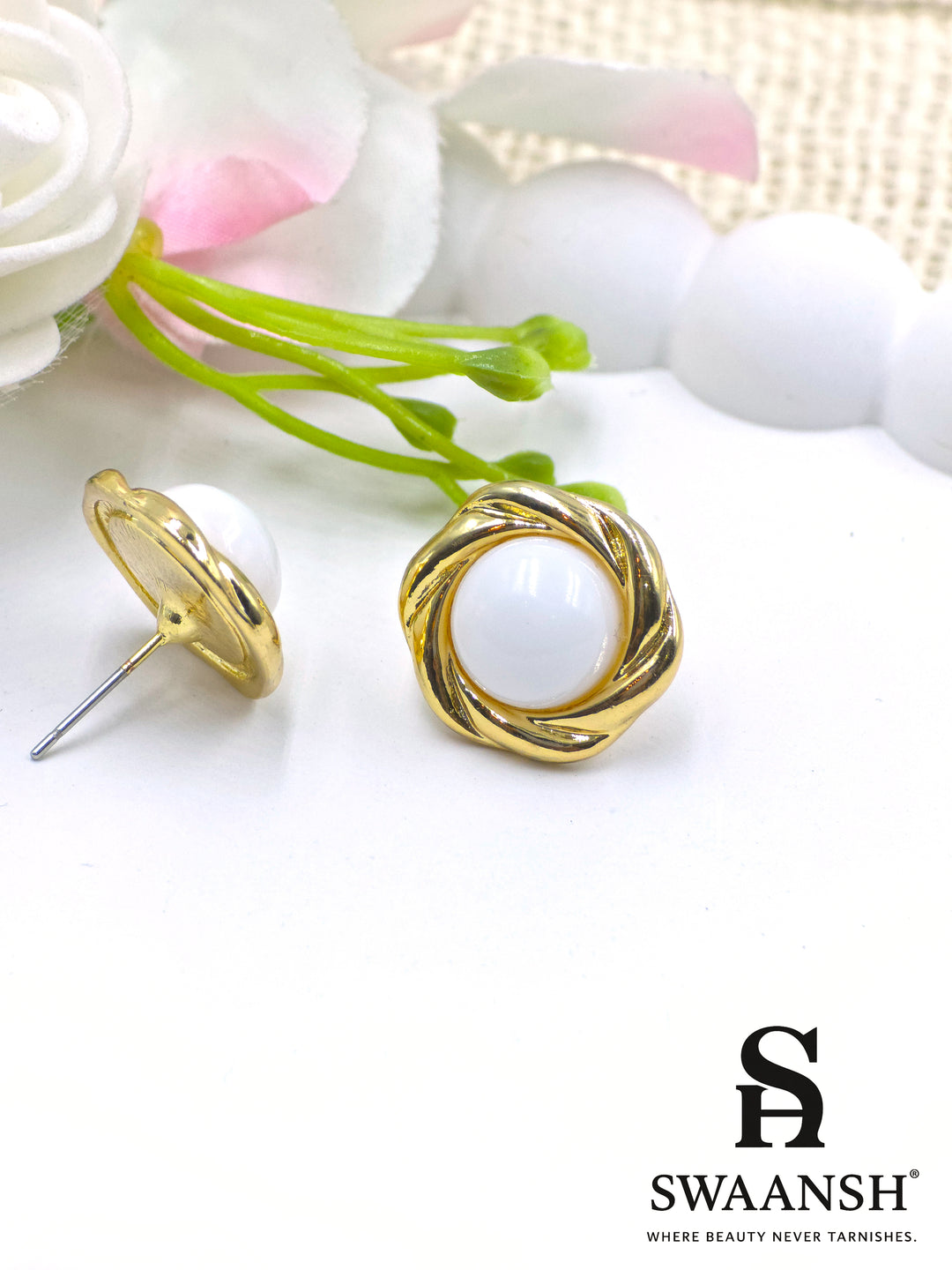 Gold knot stud earrings with white pearl centre – Swaansh