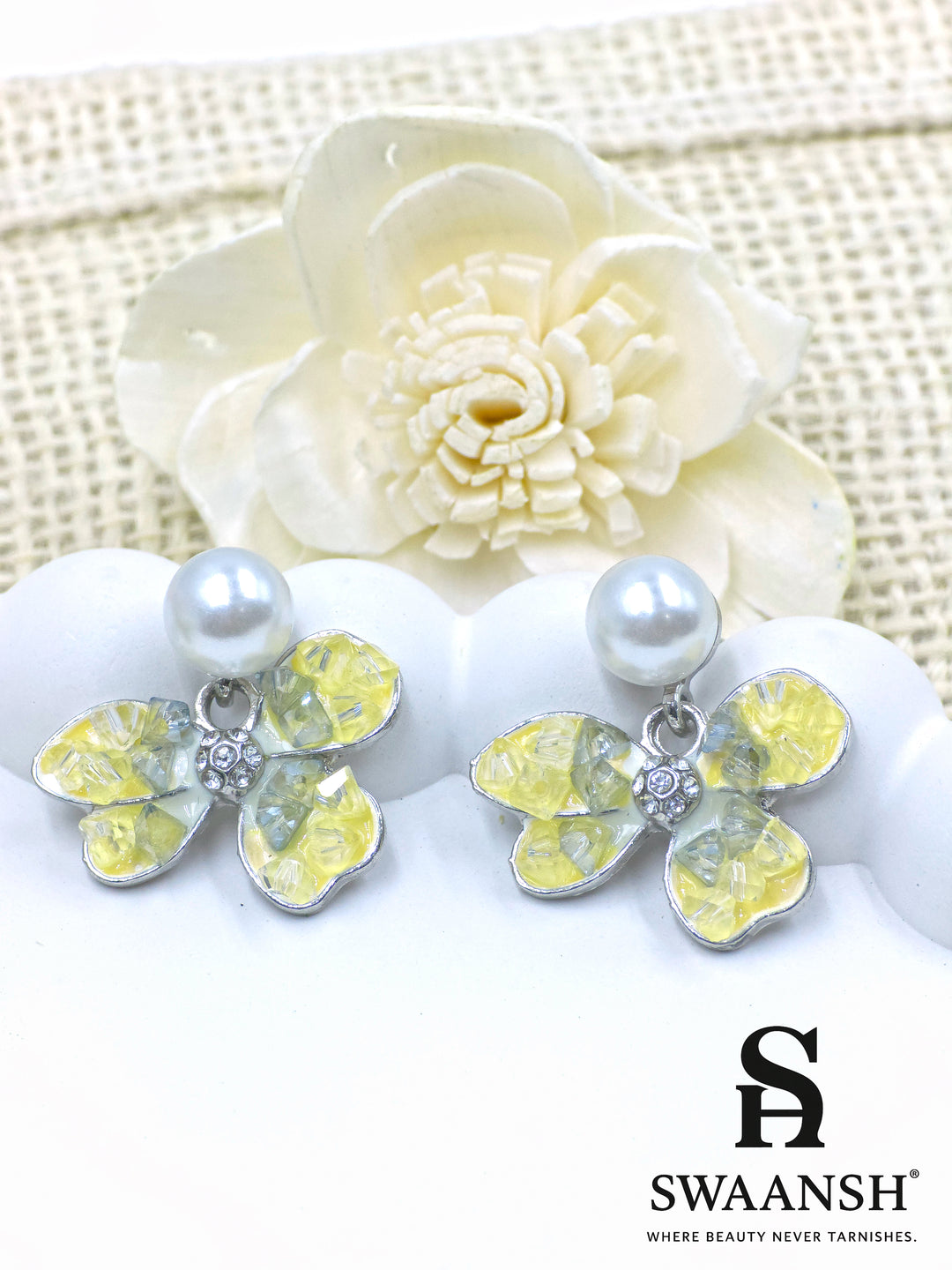 Butterfly pearl stud earrings in pastel yellow with pearl top – Swaansh