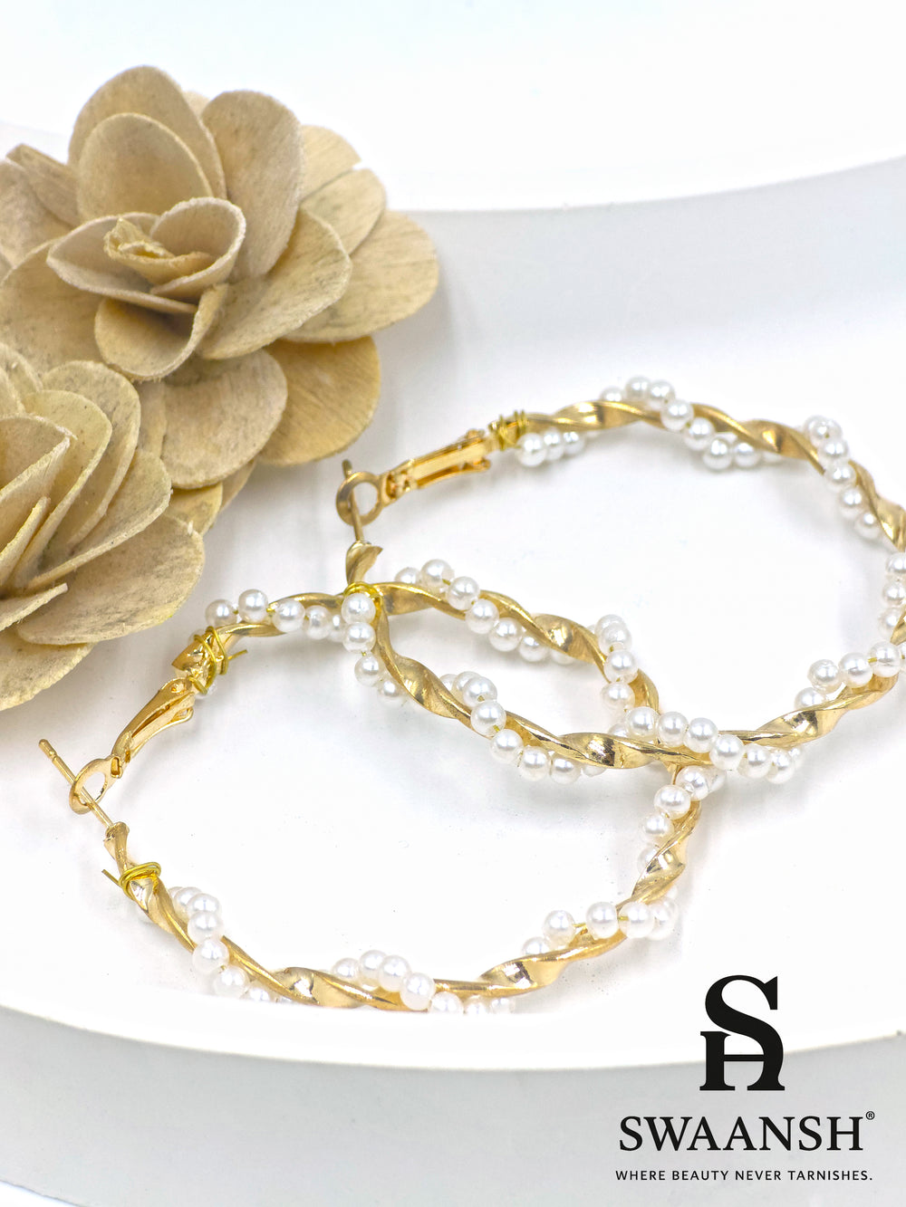 Swaansh  – braided gold hoop earrings with white pearl detailing, elegant and festive look