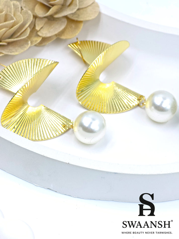 Swaansh  – gold sculpted fan earrings with pearl drops, bold designer fashion earrings