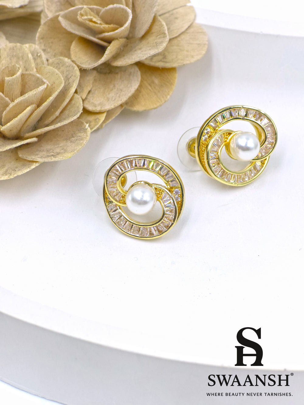 Swaansh  – round gold stud earrings with a central pearl and circular baguette crystal accents