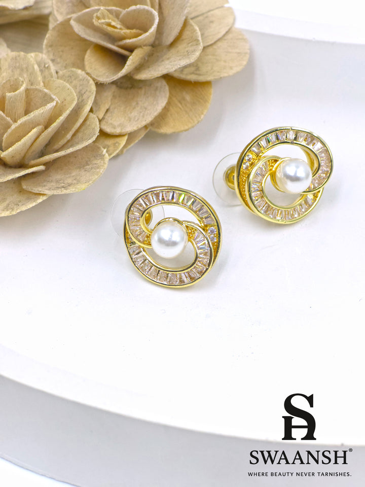 Swaansh  – round gold stud earrings with a central pearl and circular baguette crystal accents