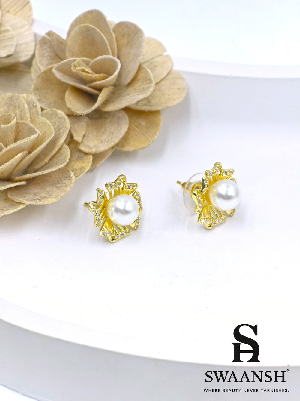 Swaansh  – gold floral pearl stud earrings with CZ accents