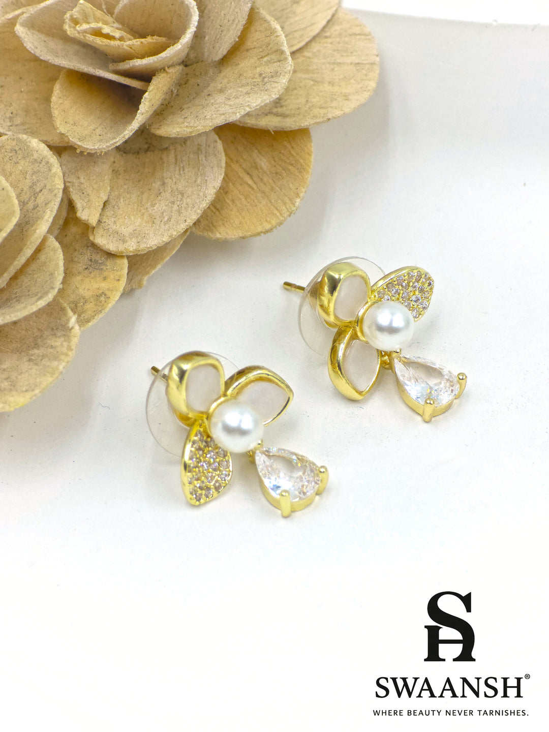 Swaansh  – floral pearl stud earrings with teardrop crystal and mother-of-pearl petals