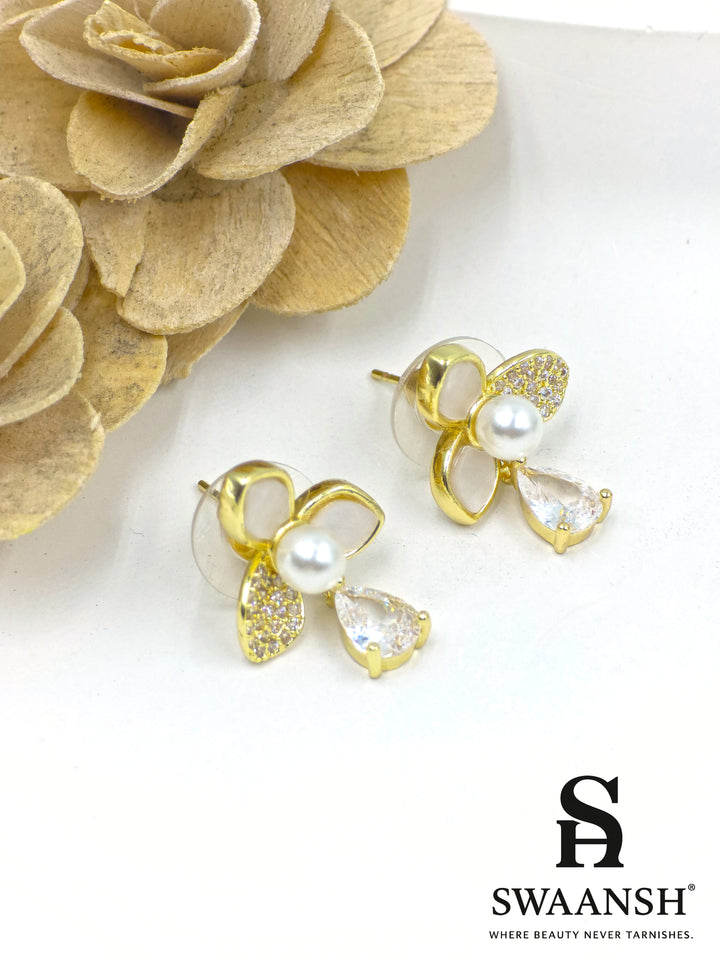 Swaansh  – floral pearl stud earrings with teardrop crystal and mother-of-pearl petals