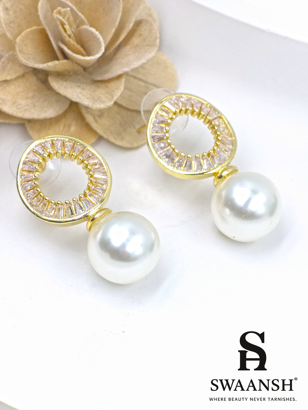 Swaansh EP118 – circular zircon halo earrings with large pearl drop, modern statement design