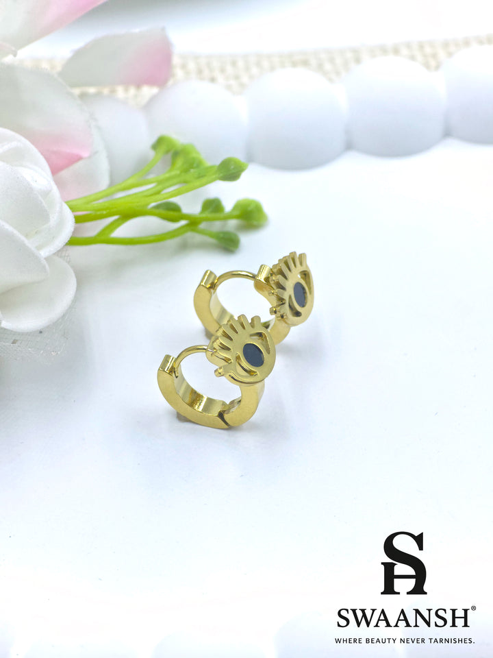 Swaansh Evil Eye gold hoops with black enamel protection design