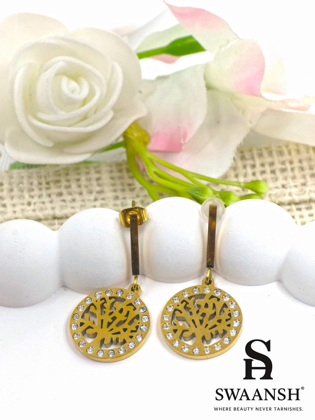 Tree of Life gold charm hoops with white crystals – anti-tarnish earrings by Swaansh