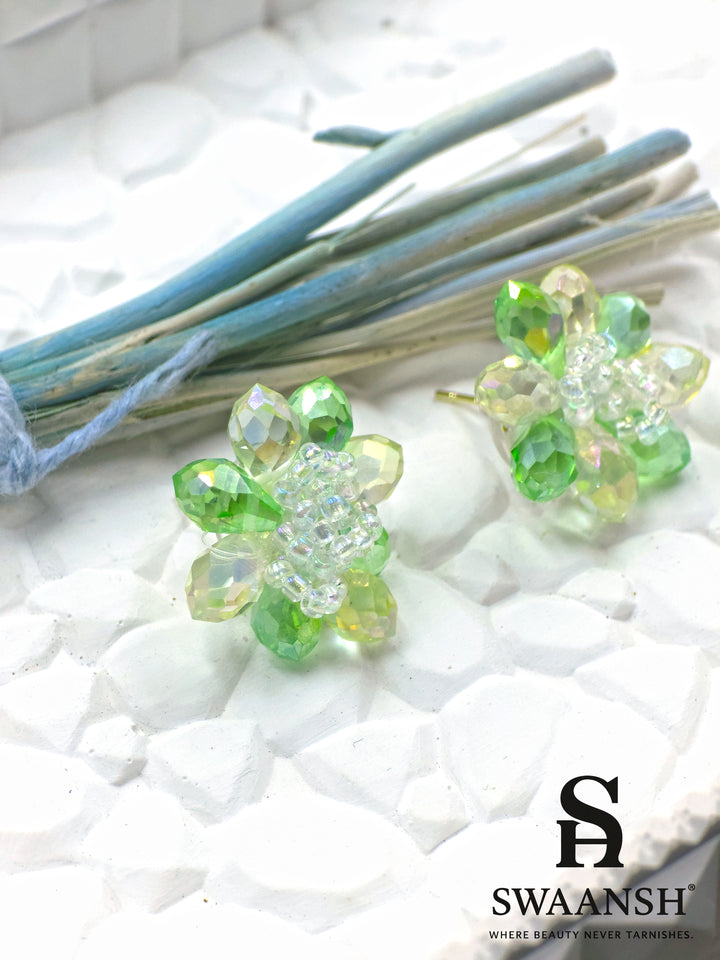 Green crystal flower stud earrings with 3D beaded petals – handmade summer studs by Swaansh