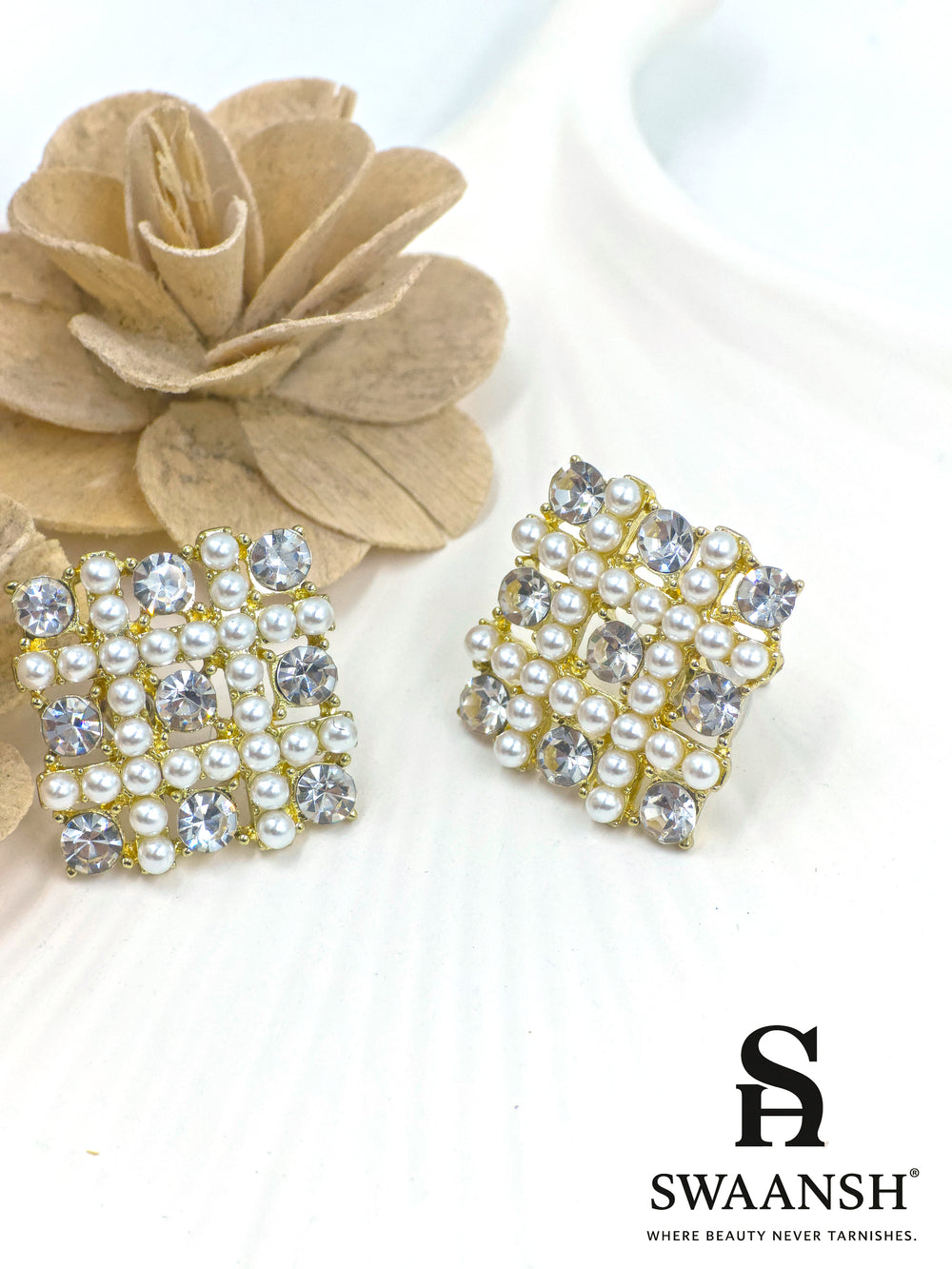 Square grid earrings with white pearls and crystals on a golden base – vintage statement studs by Swaansh