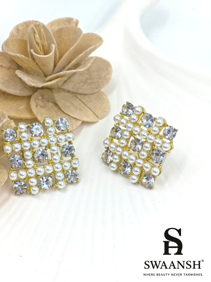 Square grid earrings with white pearls and crystals on a golden base – vintage statement studs by Swaansh