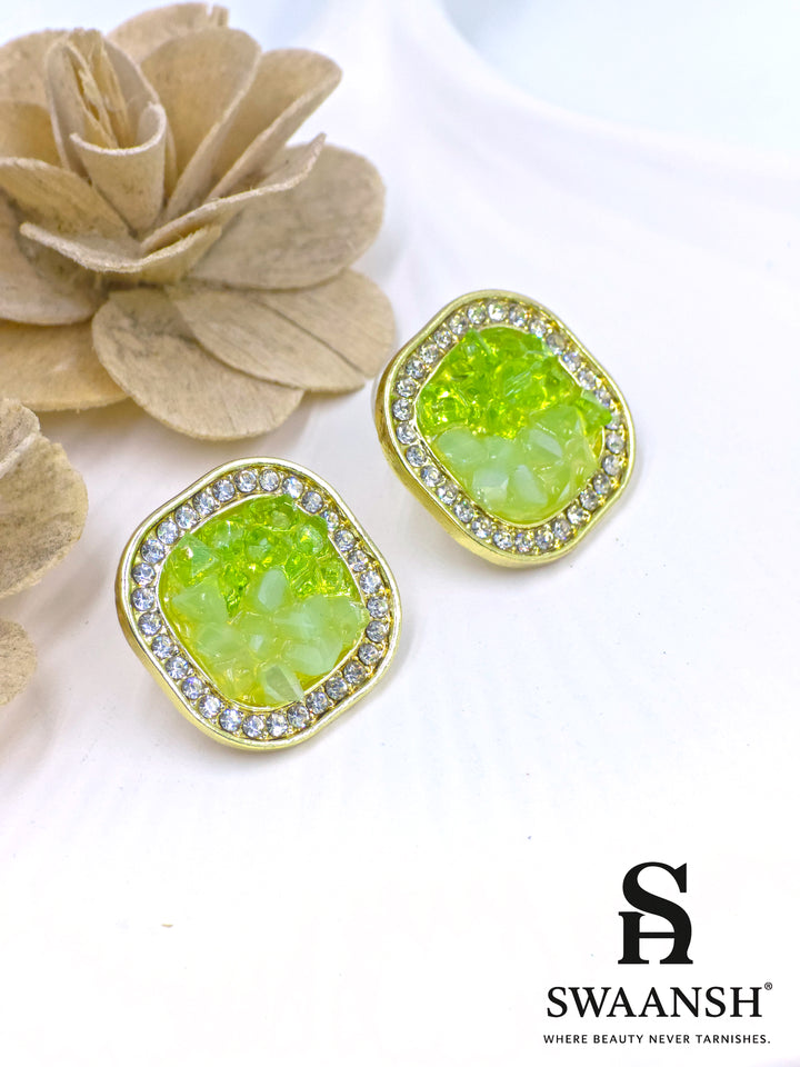 Neon green dual-tone crystal effect stud earrings with crystal border – Swaansh designer fashion earrings
