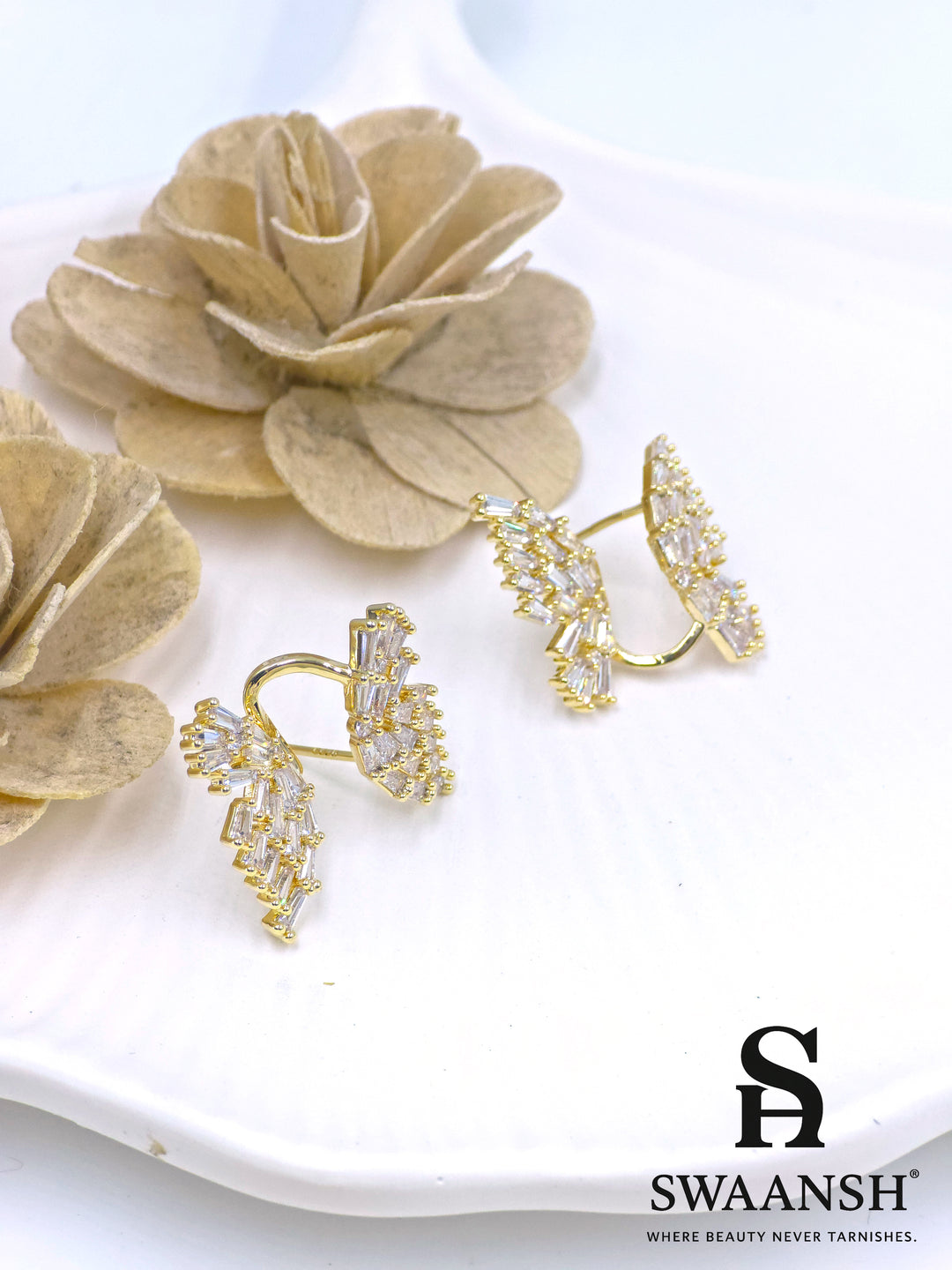 Gold ear crawler earrings with baguette-cut crystals in wing shape – Swaansh statement anti-tarnish cuffs