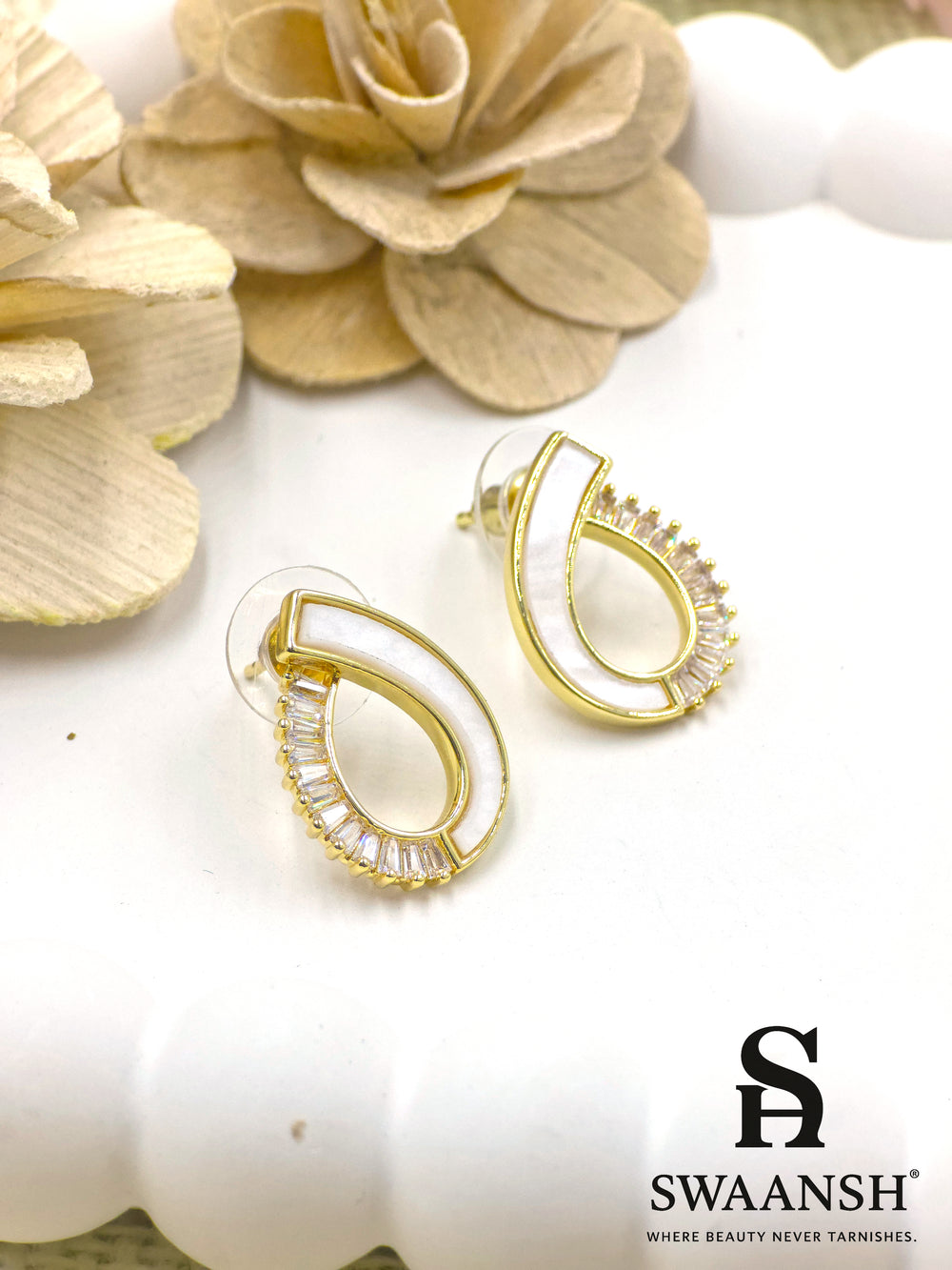 White enamel teardrop hoop earrings with baguette stones – EPH107 by Swaansh