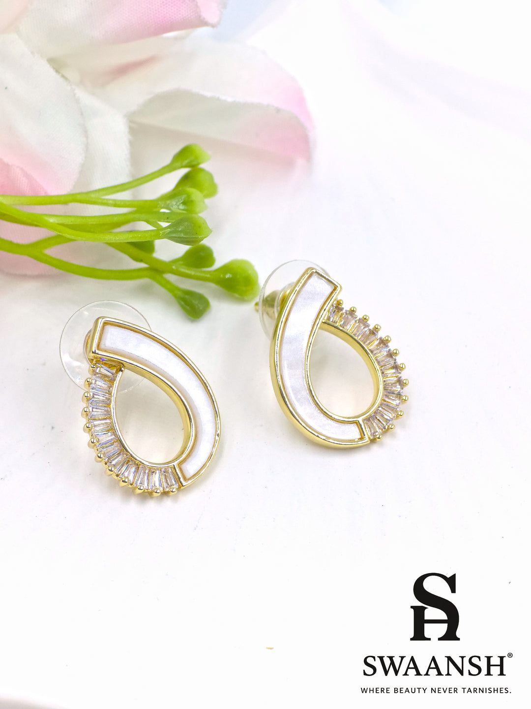 White enamel teardrop hoop earrings with baguette stones – EPH107 by Swaansh