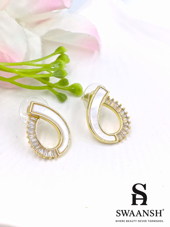 White enamel teardrop hoop earrings with baguette stones – EPH107 by Swaansh
