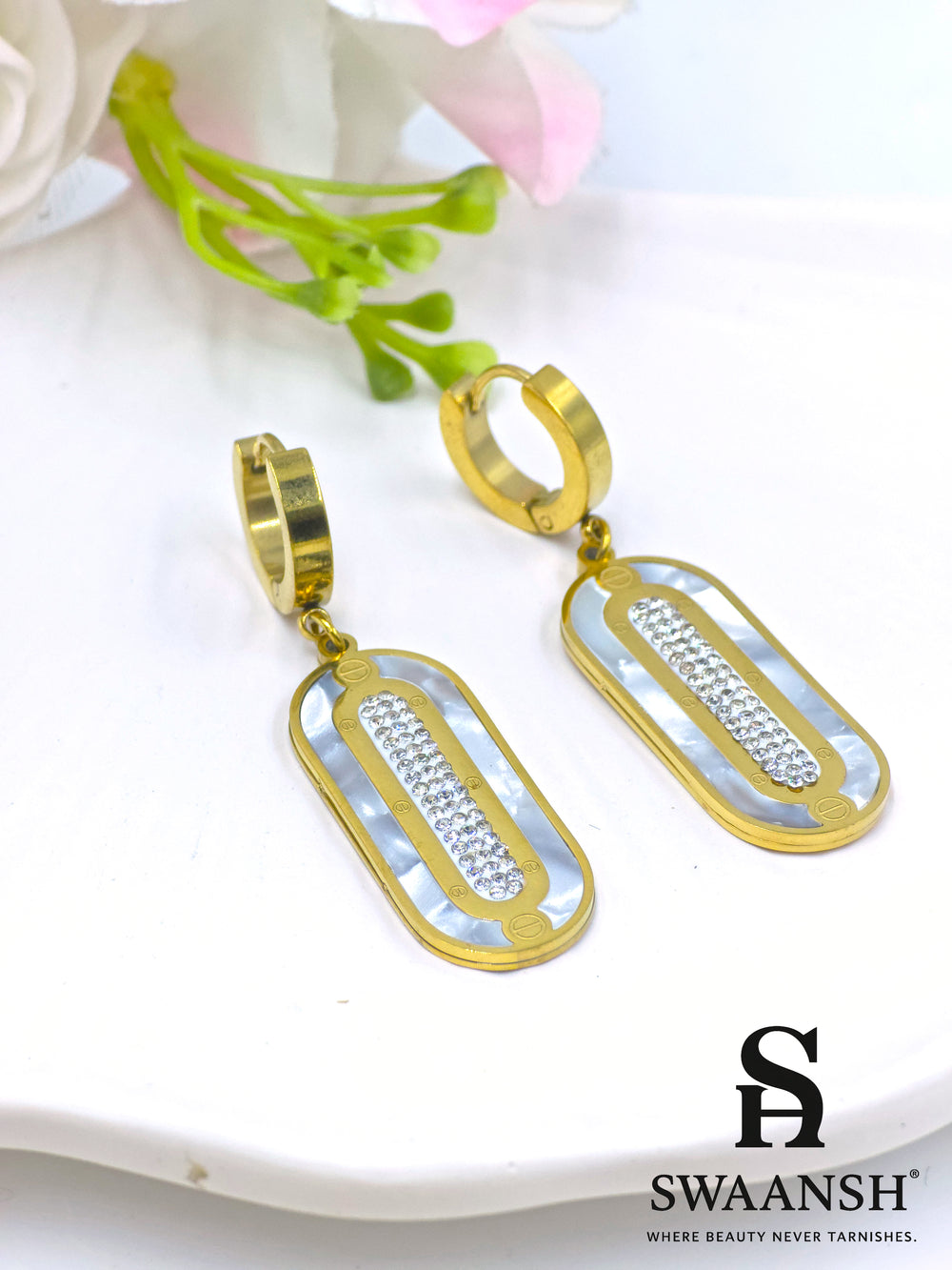 White prism drop earrings with mother of pearl and crystals – EMH110 by Swaansh
